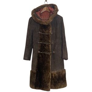 Vintage Suede Coat Womens Small Brown Faux Fur Hooded Maxi Retro Penny Lane